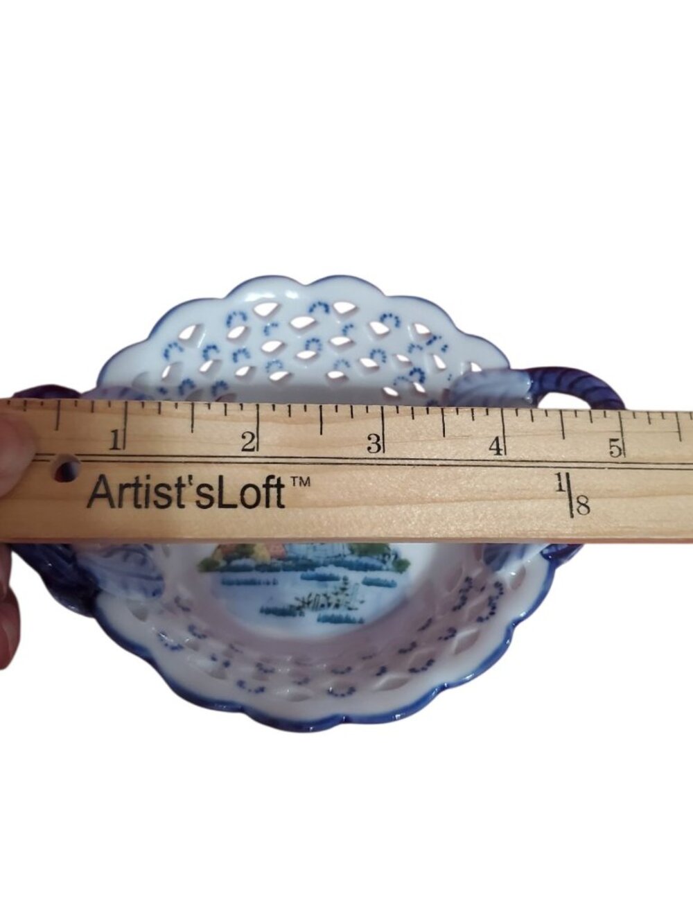 D.N&E.L Hand-Vtg Porcelain Basket W/Windmill Scene & Dual Handles Blue & White - Picture 8 of 12
